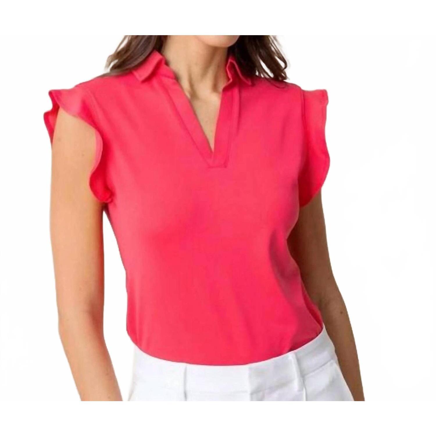 Flutter Sleeve Split-Neck Top In Bright Pink